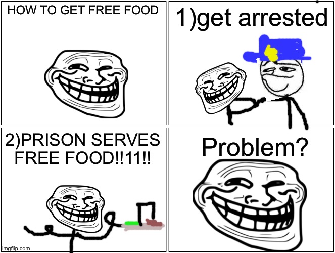 FREE FOOD11!!11 | HOW TO GET FREE FOOD; 1)get arrested; 2)PRISON SERVES FREE FOOD!!11!! Problem? | image tagged in memes,blank comic panel 2x2,troll,comics/cartoons,prison,jail | made w/ Imgflip meme maker