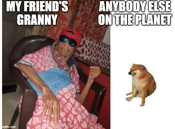 Absolutely Non understandable | MY FRIEND'S GRANNY; ANYBODY ELSE ON THE PLANET | image tagged in granny | made w/ Imgflip meme maker