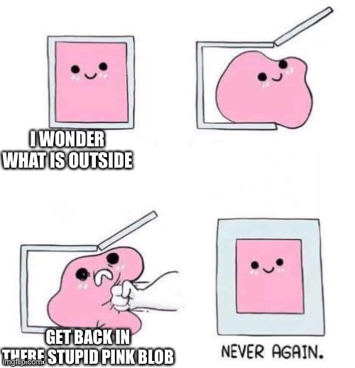 Never again | I WONDER WHAT IS OUTSIDE; GET BACK IN THERE STUPID PINK BLOB | image tagged in never again | made w/ Imgflip meme maker