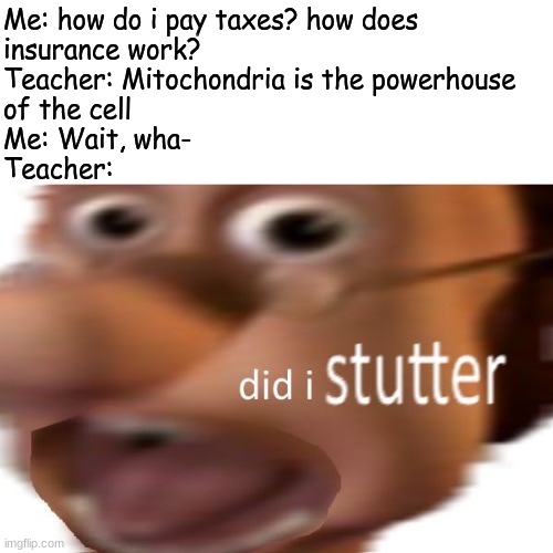 SCHOOOOOOOOOL | Me: how do i pay taxes? how does 
insurance work?
Teacher: Mitochondria is the powerhouse
of the cell
Me: Wait, wha-
Teacher: | image tagged in did i stutter,school | made w/ Imgflip meme maker