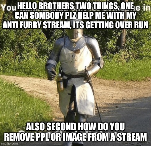 yeah its got over run by furries :l | HELLO BROTHERS TWO THINGS, ONE CAN SOMBODY PLZ HELP ME WITH MY ANTI FURRY STREAM, ITS GETTING OVER RUN; ALSO SECOND HOW DO YOU REMOVE PPL OR IMAGE FROM A STREAM | image tagged in help me,plz,i need it | made w/ Imgflip meme maker