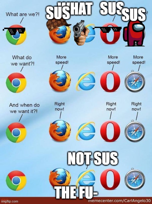 sus | SUS; WHAT; SUS; SUS; NOT SUS; THE FU- | image tagged in what do we want browsers | made w/ Imgflip meme maker