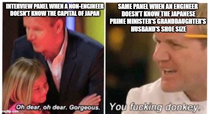 Oh dear, dear gorgeus | INTERVIEW PANEL WHEN A NON-ENGINEER DOESN'T KNOW THE CAPITAL OF JAPAN; SAME PANEL WHEN AN ENGINEER 
DOESN'T KNOW THE JAPANESE
PRIME MINISTER'S GRANDDAUGHTER'S 
HUSBAND'S SHOE SIZE | image tagged in oh dear dear gorgeus | made w/ Imgflip meme maker