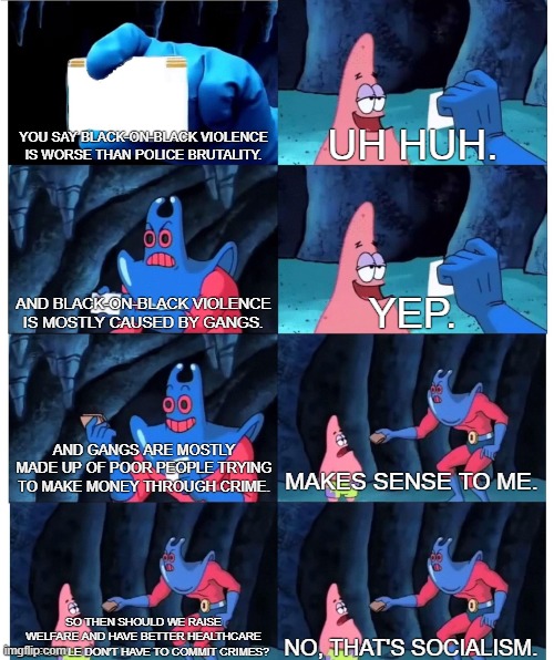 Patrick Star's Wallet | YOU SAY BLACK-ON-BLACK VIOLENCE IS WORSE THAN POLICE BRUTALITY. UH HUH. AND BLACK-ON-BLACK VIOLENCE IS MOSTLY CAUSED BY GANGS. YEP. AND GANGS ARE MOSTLY MADE UP OF POOR PEOPLE TRYING TO MAKE MONEY THROUGH CRIME. MAKES SENSE TO ME. SO THEN SHOULD WE RAISE WELFARE AND HAVE BETTER HEALTHCARE SO PEOPLE DON'T HAVE TO COMMIT CRIMES? NO, THAT'S SOCIALISM. | image tagged in patrick star's wallet | made w/ Imgflip meme maker