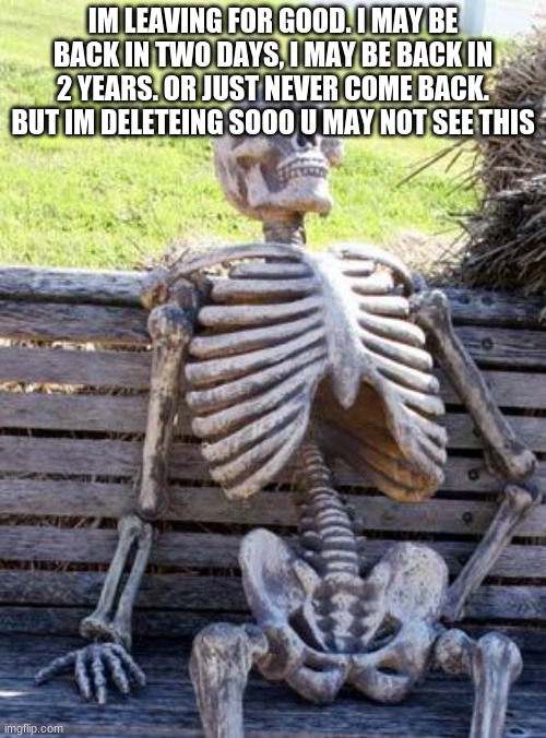 bye (Tans note: We'll miss you. )': ) | IM LEAVING FOR GOOD. I MAY BE BACK IN TWO DAYS, I MAY BE BACK IN 2 YEARS. OR JUST NEVER COME BACK. BUT IM DELETEING SOOO U MAY NOT SEE THIS | image tagged in memes,waiting skeleton | made w/ Imgflip meme maker