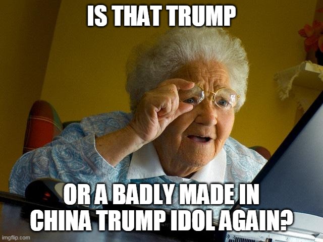 Grandma Finds The Internet Meme | IS THAT TRUMP OR A BADLY MADE IN CHINA TRUMP IDOL AGAIN? | image tagged in memes,grandma finds the internet | made w/ Imgflip meme maker