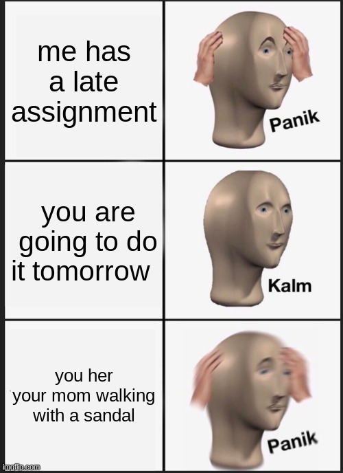 Panik Kalm Panik | me has a late assignment; you are going to do it tomorrow; you her your mom walking with a sandal | image tagged in memes,panik kalm panik | made w/ Imgflip meme maker