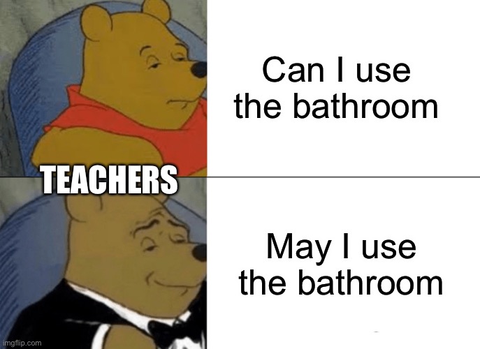 Yes you may | Can I use the bathroom; TEACHERS; May I use the bathroom | image tagged in memes,tuxedo winnie the pooh | made w/ Imgflip meme maker