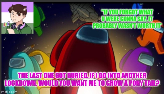 Wat u think? | THE LAST ONE GOT BURIED. IF I GO INTO ANOTHER LOCKDOWN, WOULD YOU WANT ME TO GROW A PONY TAIL? | image tagged in the_shotguns announcement template | made w/ Imgflip meme maker
