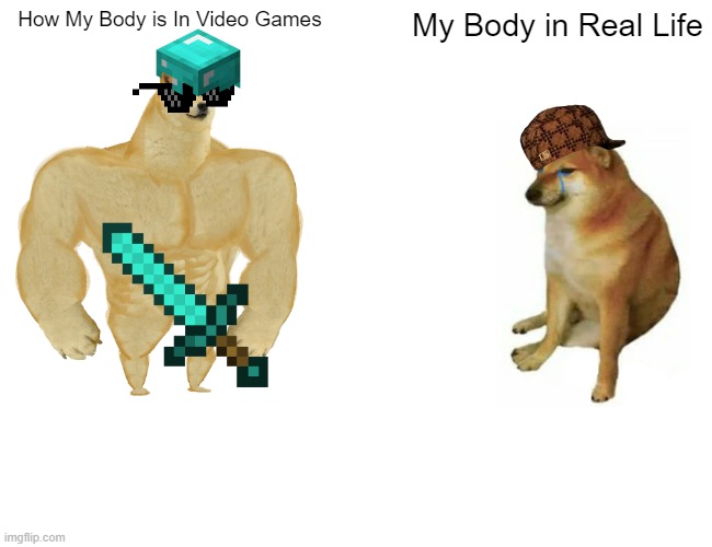 Buff Doge vs. Cheems Meme | How My Body is In Video Games; My Body in Real Life | image tagged in memes,buff doge vs cheems | made w/ Imgflip meme maker