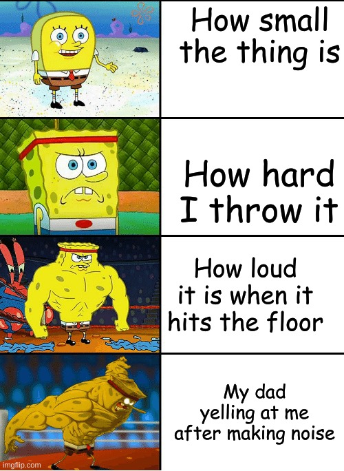 the smallest thing makes the loudest boom | How small the thing is; How hard I throw it; How loud it is when it hits the floor; My dad yelling at me after making noise | image tagged in strong spongebob chart,noise,spongebob | made w/ Imgflip meme maker
