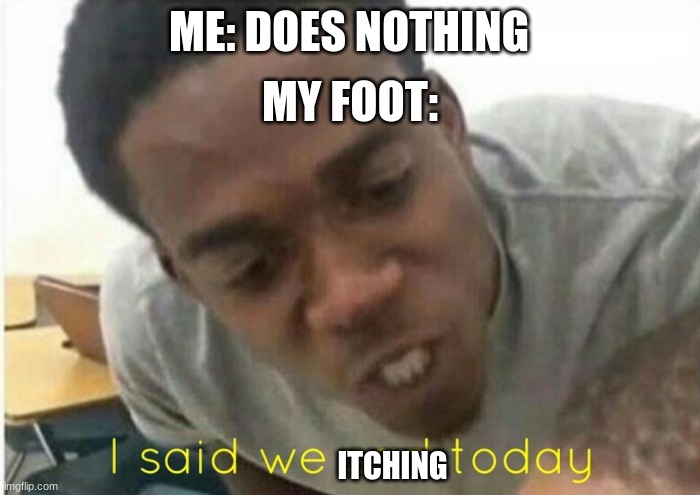 i said we ____ today | ME: DOES NOTHING; MY FOOT:; ITCHING | image tagged in i said we ____ today | made w/ Imgflip meme maker