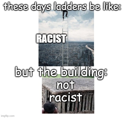 Blank White Template | these days ladders be like:; RACIST; but the building:; not racist | image tagged in blank white template | made w/ Imgflip meme maker