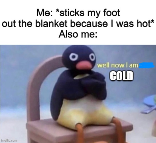 This happens to me every night... | Me: *sticks my foot out the blanket because I was hot*
Also me:; COLD | image tagged in pingu well now i am not doing it | made w/ Imgflip meme maker