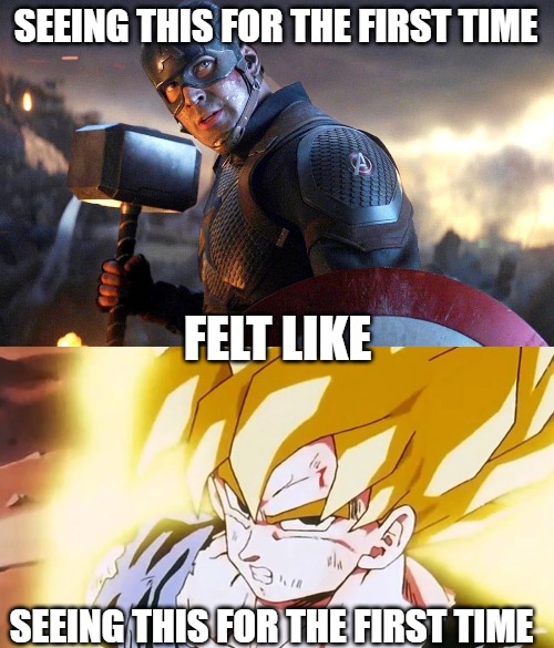 SEEING THIS FOR THE FIRST TIME; FELT LIKE; SEEING THIS FOR THE FIRST TIME | image tagged in marvel,captain america,dragon ball z,goku | made w/ Imgflip meme maker