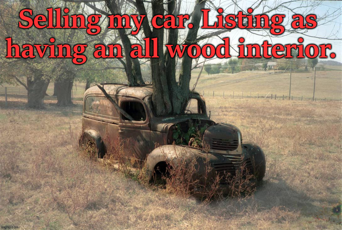 Selling my car. Listing as 
having an all wood interior. | image tagged in cars | made w/ Imgflip meme maker