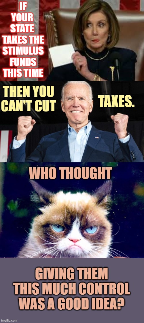 And The Political Gamesmanship Continues... | IF YOUR  STATE  TAKES THE STIMULUS FUNDS THIS TIME; THEN YOU CAN'T CUT; TAXES. WHO THOUGHT; GIVING THEM THIS MUCH CONTROL WAS A GOOD IDEA? | image tagged in memes,political,stimulus,no tax cuts,bad idea,who thought up | made w/ Imgflip meme maker