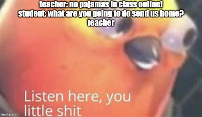 school is boring | teacher: no pajamas in class online!
student: what are you going to do send us home?
teacher | image tagged in yeet,school | made w/ Imgflip meme maker