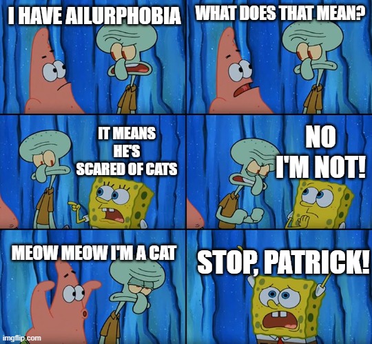 Stop it, Patrick! You're Scaring Him! | I HAVE AILURPHOBIA; WHAT DOES THAT MEAN? NO I'M NOT! IT MEANS HE'S SCARED OF CATS; MEOW MEOW I'M A CAT; STOP, PATRICK! | image tagged in stop it patrick you're scaring him | made w/ Imgflip meme maker