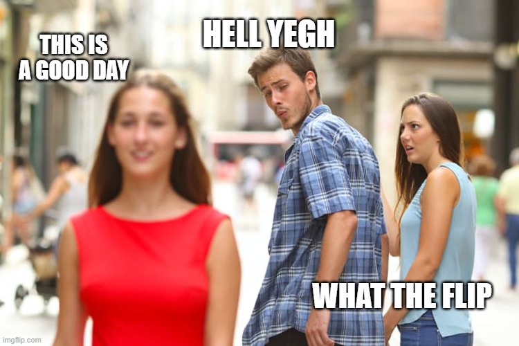 Distracted Boyfriend | HELL YEGH; THIS IS A GOOD DAY; WHAT THE FLIP | image tagged in memes,distracted boyfriend | made w/ Imgflip meme maker