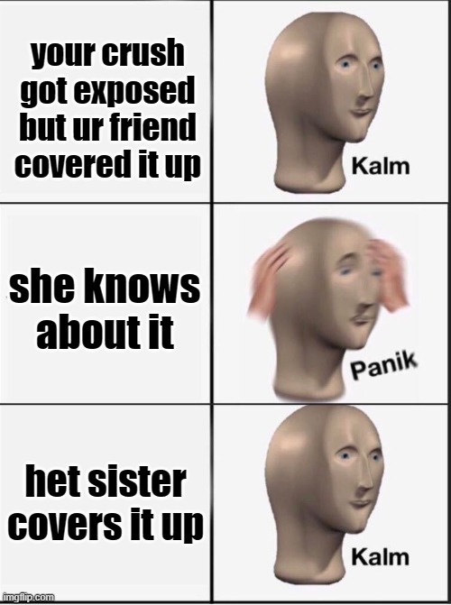 happened to me yesterday #pain | your crush got exposed but ur friend covered it up; she knows about it; het sister covers it up | image tagged in reverse kalm panik | made w/ Imgflip meme maker