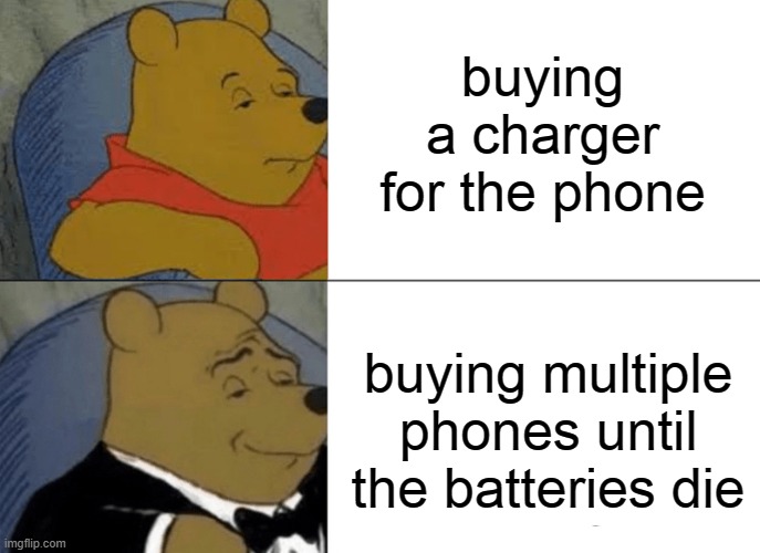 who needs chargers when you can buy multiple phones | buying a charger for the phone; buying multiple phones until the batteries die | image tagged in memes,tuxedo winnie the pooh,funny,phone,newtagthatimade | made w/ Imgflip meme maker