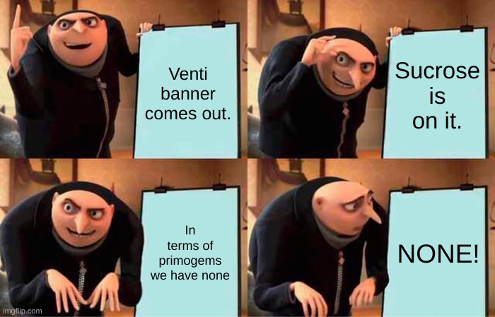 Genshin sadness | Venti banner comes out. Sucrose is on it. In terms of primogems we have none; NONE! | image tagged in memes,gru's plan | made w/ Imgflip meme maker