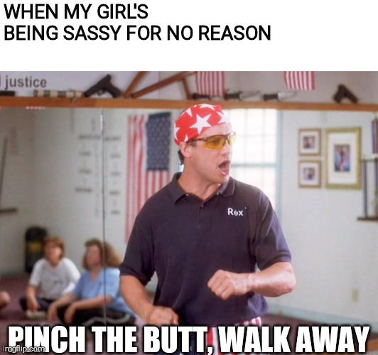 Rex Kwon Do | WHEN MY GIRL'S BEING SASSY FOR NO REASON; PINCH THE BUTT, WALK AWAY | image tagged in rex kwon do | made w/ Imgflip meme maker