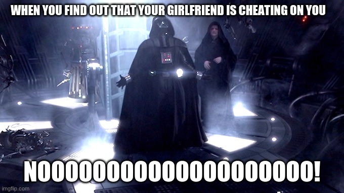 Darth Vader No | WHEN YOU FIND OUT THAT YOUR GIRLFRIEND IS CHEATING ON YOU; NOOOOOOOOOOOOOOOOOOOO! | image tagged in darth vader no | made w/ Imgflip meme maker