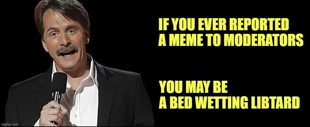 The world is not a safe space, cry room. | IF YOU EVER REPORTED 
A MEME TO MODERATORS; YOU MAY BE 
A BED WETTING LIBTARD | image tagged in jeff foxworthy,liberals | made w/ Imgflip meme maker