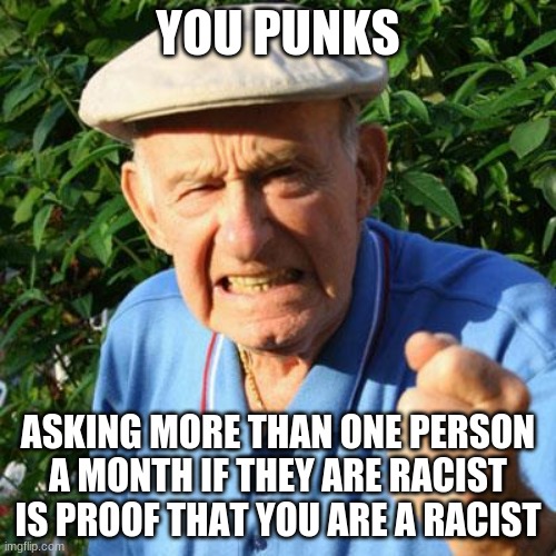 I am a racist, you are a racist, racism for everyone | YOU PUNKS; ASKING MORE THAN ONE PERSON A MONTH IF THEY ARE RACIST IS PROOF THAT YOU ARE A RACIST | image tagged in angry old man,you punks,get over yourself,don't judge me,you don't know me,racist | made w/ Imgflip meme maker