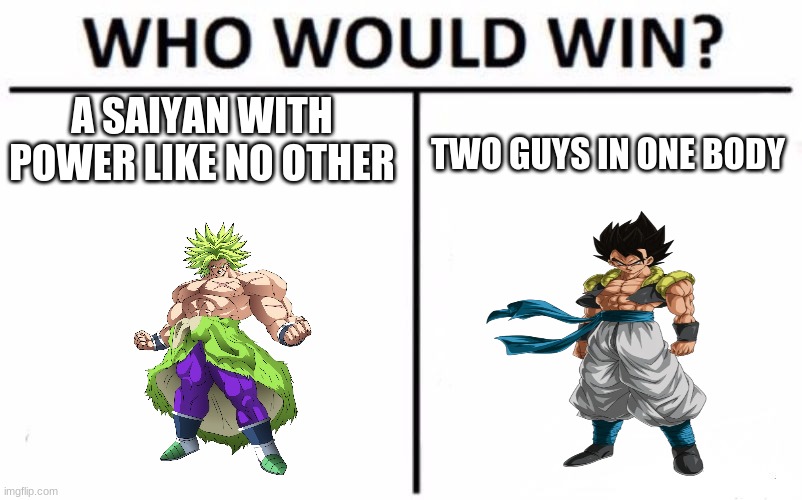 dragon ball super | A SAIYAN WITH POWER LIKE NO OTHER; TWO GUYS IN ONE BODY | image tagged in memes,who would win | made w/ Imgflip meme maker