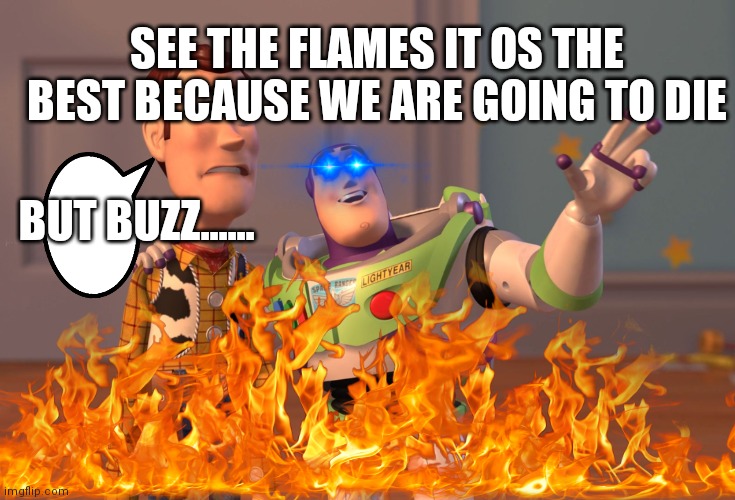 WE ARE DYING BUZZ | SEE THE FLAMES IT OS THE BEST BECAUSE WE ARE GOING TO DIE; BUT BUZZ...... | image tagged in funny | made w/ Imgflip meme maker