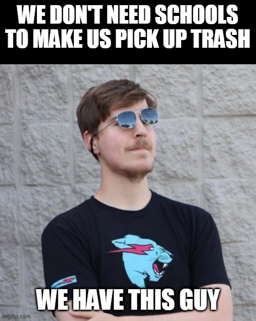 Mr. Beast | WE DON'T NEED SCHOOLS TO MAKE US PICK UP TRASH; WE HAVE THIS GUY | image tagged in mr beast | made w/ Imgflip meme maker