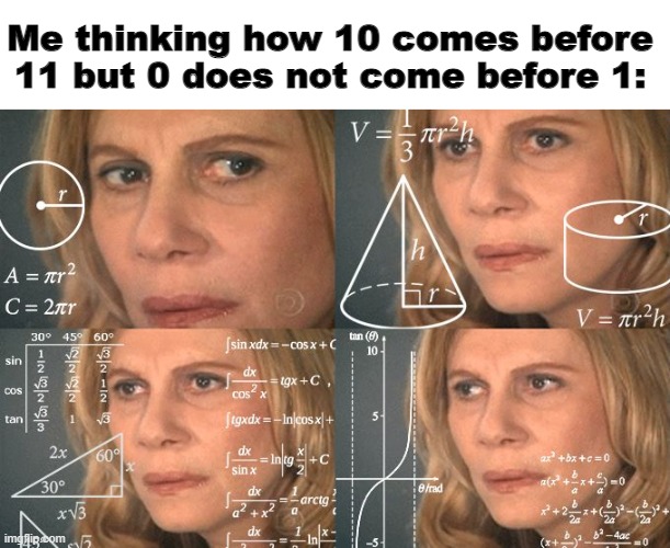 Hol up | Me thinking how 10 comes before 11 but 0 does not come before 1: | image tagged in calculating meme | made w/ Imgflip meme maker