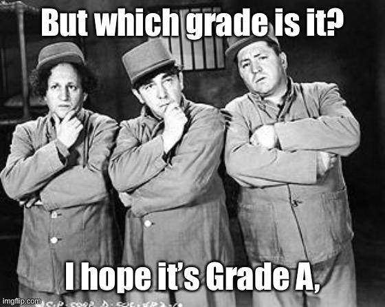 Three Stooges Thinking | But which grade is it? I hope it’s Grade A, | image tagged in three stooges thinking | made w/ Imgflip meme maker