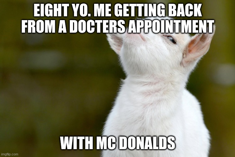 EIGHT YO. ME GETTING BACK FROM A DOCTERS APPOINTMENT; WITH MC DONALDS | image tagged in proud baby goat | made w/ Imgflip meme maker