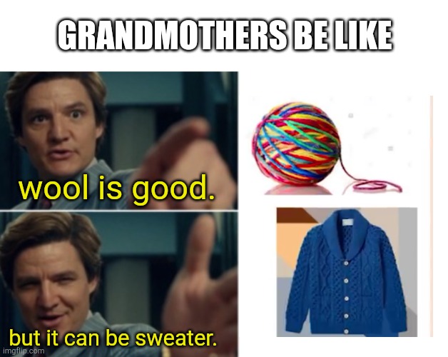 grandmothers be like | GRANDMOTHERS BE LIKE; wool is good. but it can be sweater. | image tagged in life is good but it could be better,wool,coat | made w/ Imgflip meme maker