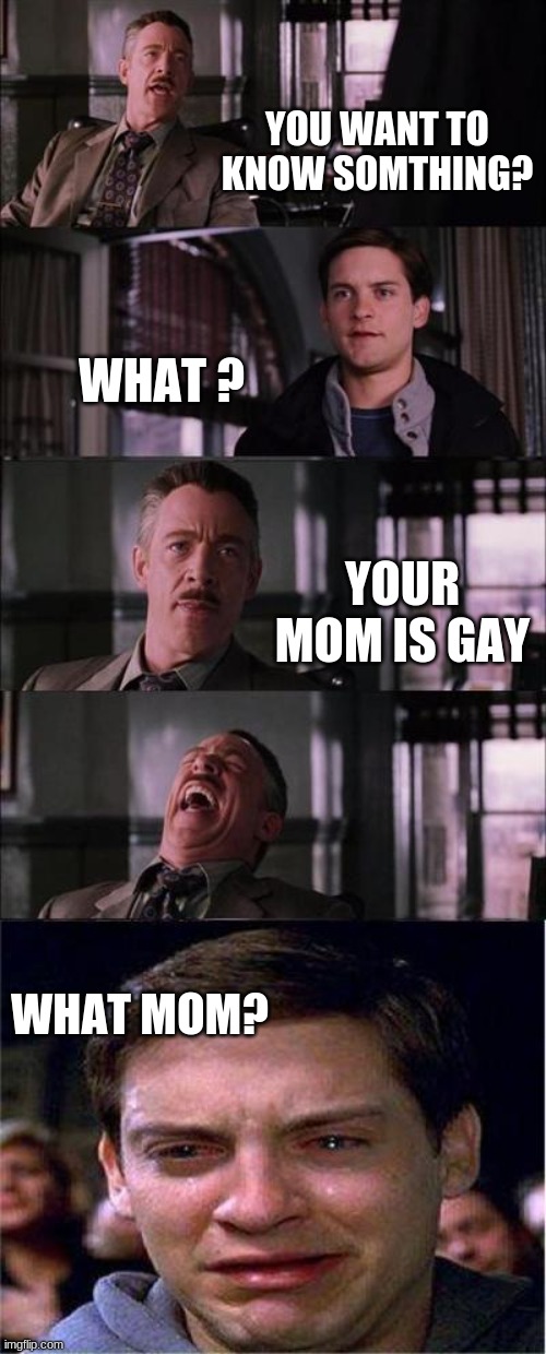 Peter Parker Cry Meme | YOU WANT TO KNOW SOMTHING? WHAT ? YOUR MOM IS GAY; WHAT MOM? | image tagged in memes,peter parker cry | made w/ Imgflip meme maker