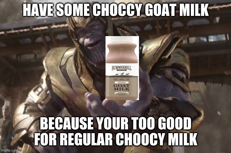 Mulk | HAVE SOME CHOCCY GOAT MILK; BECAUSE YOUR TOO GOOD FOR REGULAR CHOOCY MILK | image tagged in here you go | made w/ Imgflip meme maker