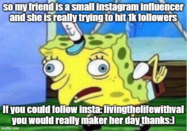 help my friend reach 1k on insta (livingthelifewithval) | so my friend is a small instagram influencer and she is really trying to hit 1k followers; If you could follow insta: livingthelifewithval you would really maker her day thanks:) | image tagged in memes,mocking spongebob | made w/ Imgflip meme maker