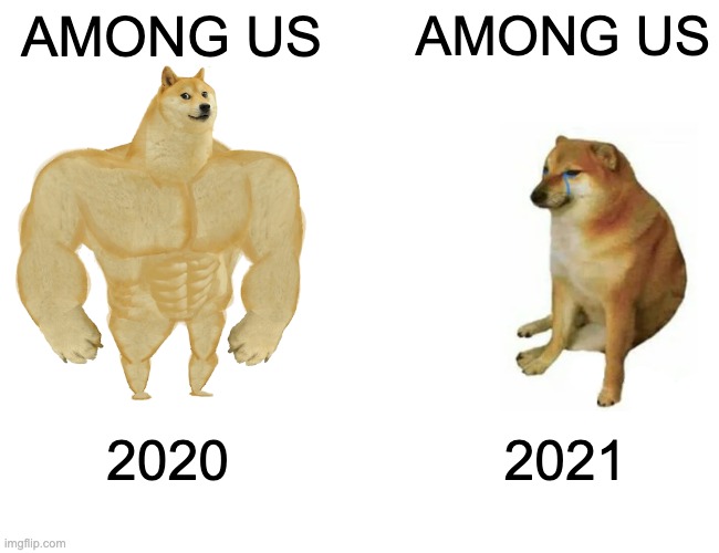 Buff Doge vs. Cheems | AMONG US; AMONG US; 2020; 2021 | image tagged in memes,buff doge vs cheems | made w/ Imgflip meme maker