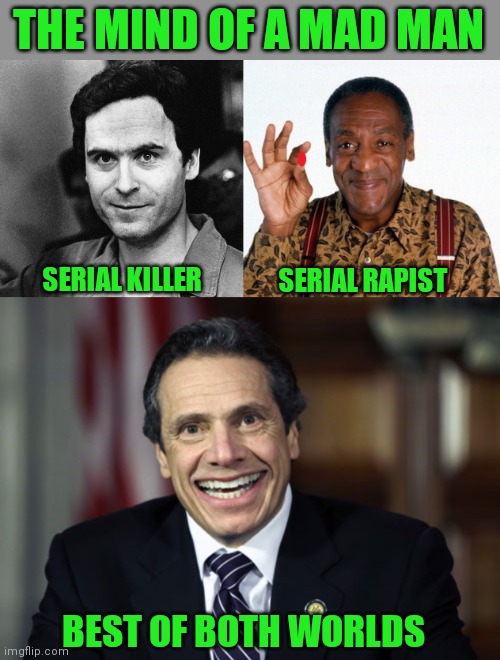 Serial killers | THE MIND OF A MAD MAN; SERIAL KILLER; SERIAL RAPIST; BEST OF BOTH WORLDS | image tagged in andrew cuomo,douchebag | made w/ Imgflip meme maker