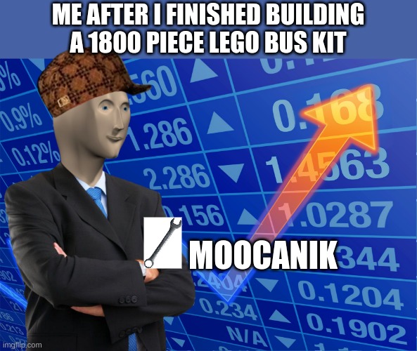 moocanik | ME AFTER I FINISHED BUILDING A 1800 PIECE LEGO BUS KIT; MOOCANIK | image tagged in stonks without stonks | made w/ Imgflip meme maker