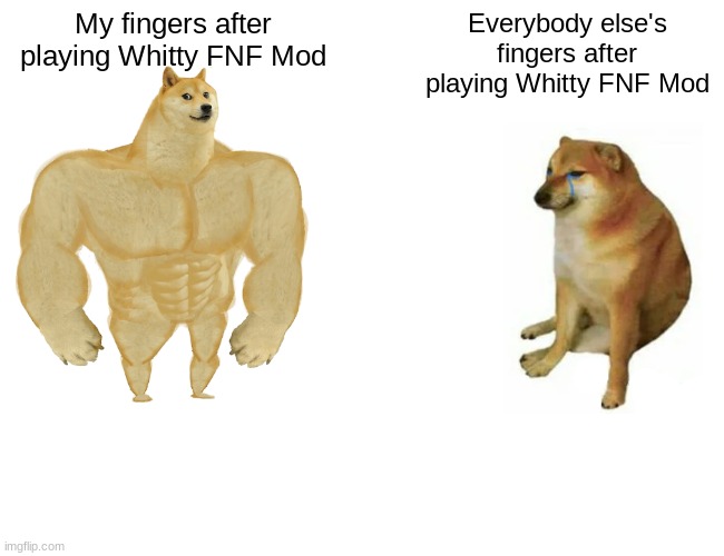 My fingers are STRONG AS FRICK | My fingers after playing Whitty FNF Mod; Everybody else's fingers after playing Whitty FNF Mod | image tagged in memes,buff doge vs cheems,friday night funkin,fingers | made w/ Imgflip meme maker