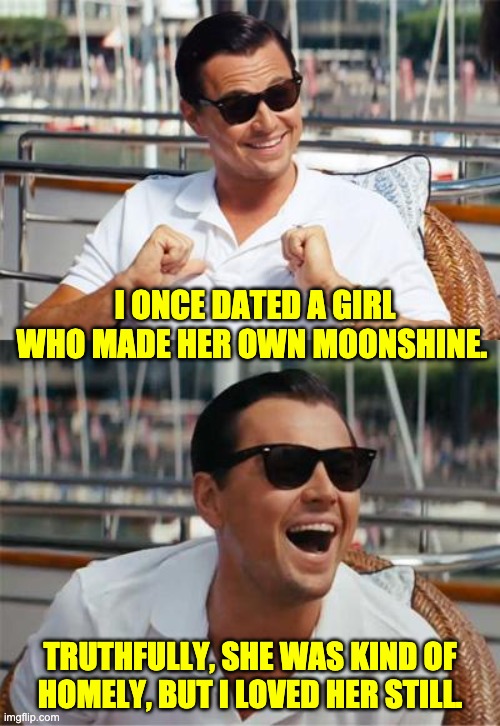 Loved her still | I ONCE DATED A GIRL WHO MADE HER OWN MOONSHINE. TRUTHFULLY, SHE WAS KIND OF HOMELY, BUT I LOVED HER STILL. | image tagged in leonardo dicaprio wall street | made w/ Imgflip meme maker