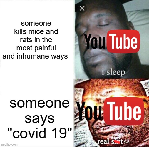 YOUTUBE | someone kills mice and rats in the most painful and inhumane ways; someone says "covid 19" | image tagged in memes,sleeping shaq,youtube | made w/ Imgflip meme maker