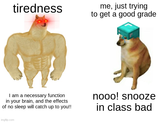 waking up at 5 am for school sucks. | tiredness; me, just trying to get a good grade; I am a necessary function in your brain, and the effects of no sleep will catch up to you!! nooo! snooze in class bad | image tagged in memes,buff doge vs cheems | made w/ Imgflip meme maker