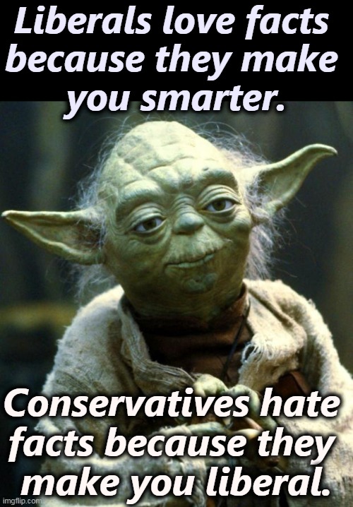 Right wingers who think they see clearly live in a fantasy world. Conservatism is a retreat from reality. | Liberals love facts 
because they make 
you smarter. Conservatives hate 
facts because they 
make you liberal. | image tagged in memes,star wars yoda,liberals,smart,conservatives,fantasy | made w/ Imgflip meme maker