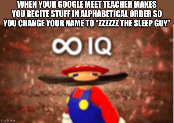 LOL | WHEN YOUR GOOGLE MEET TEACHER MAKES YOU RECITE STUFF IN ALPHABETICAL ORDER SO YOU CHANGE YOUR NAME TO “ZZZZZZ THE SLEEP GUY” | image tagged in infinite iq,yeah this is big brain time,sometimes my genius is it's almost frightening,funny,google meet | made w/ Imgflip meme maker